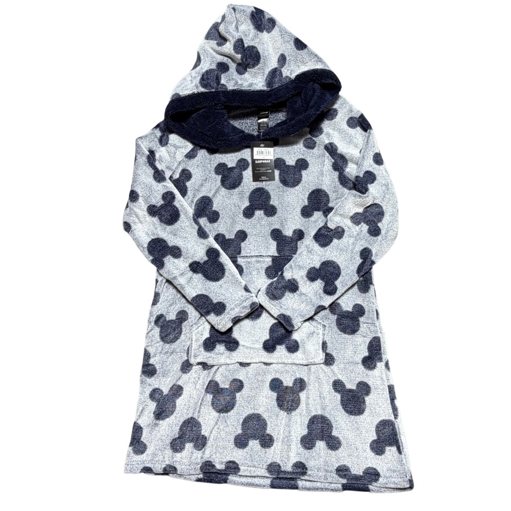 New Disney Mickey Mouse Women Gray Navy Fleece Sleep Hoodie Nightgown Size M